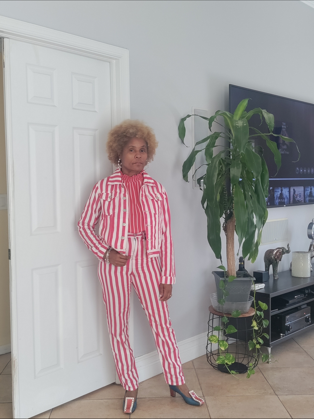 Women’s Red & White Striped Straight-Leg Pant Set